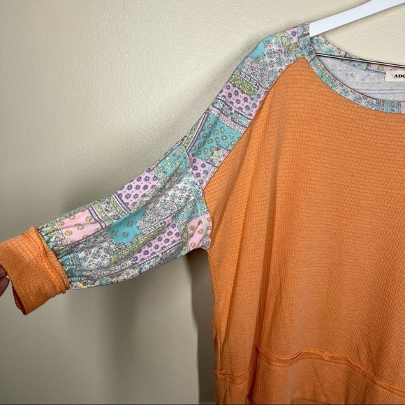 Adora Womens Orange Boho Patchwork Sleeve Detail Waffle Knit Casual Top Medium - Picture 2 of 6